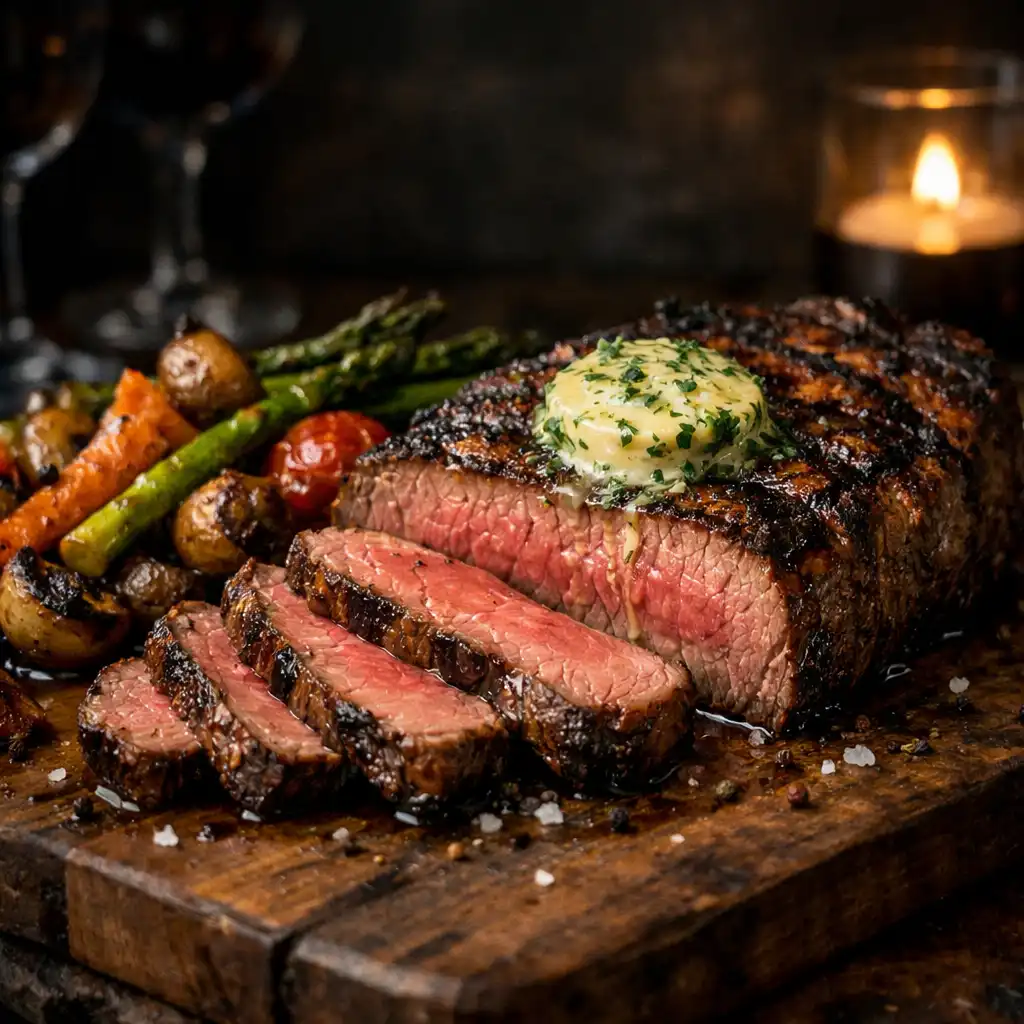 Grilovaný steak s bylinkovým máslem a pečenou zeleninou