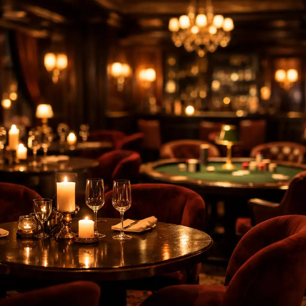 Elegantní večerní interiér bistra Dining Corner House s teplým osvětlením a náznakem pokerového stolu