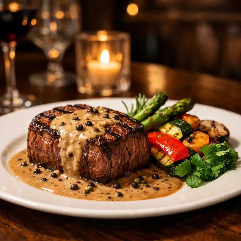 Hovězí steak s pepřovou omáčkou a grilovanou zeleninou