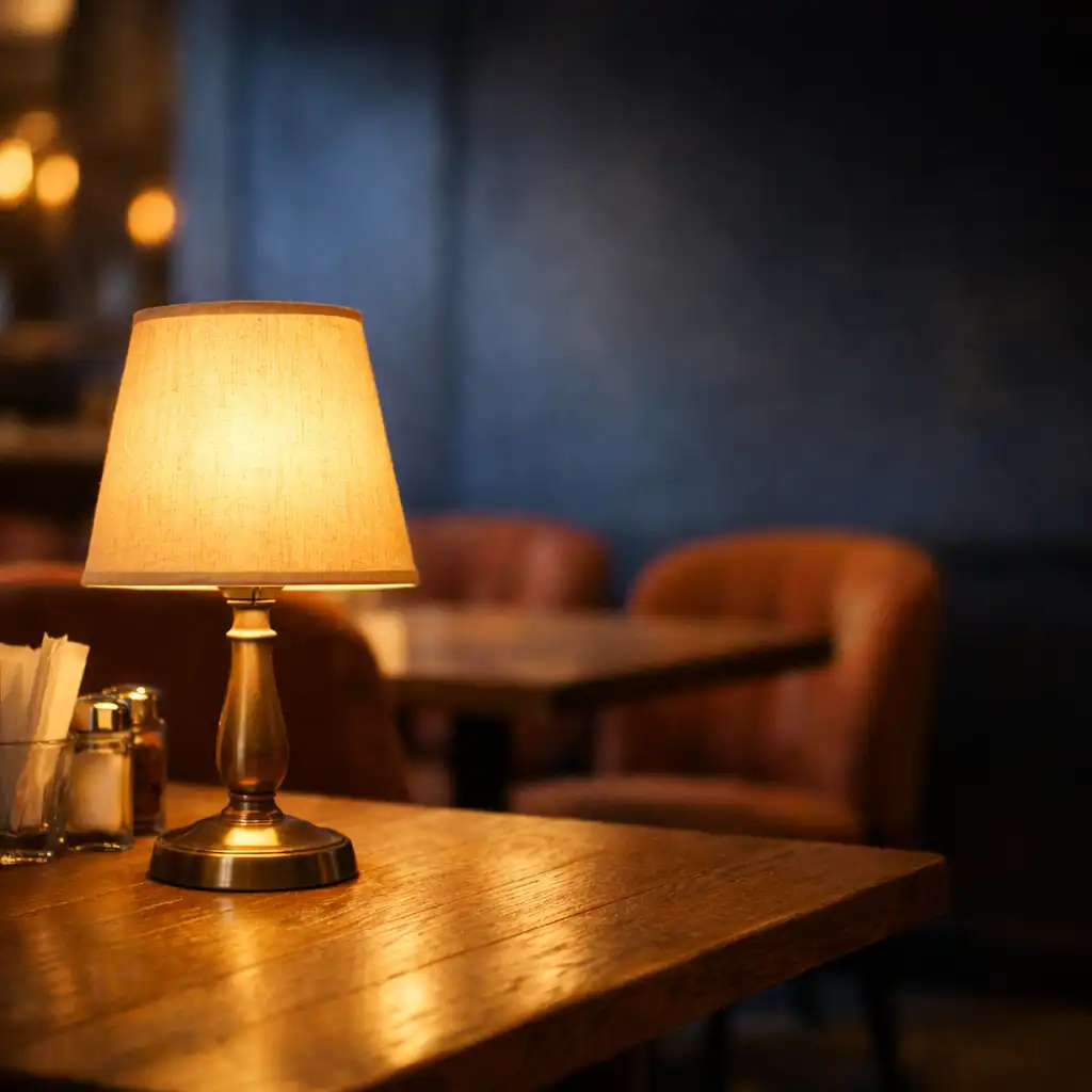 Teplá stolní lampa s látkovým stínítkem na dubovém stole v bistru