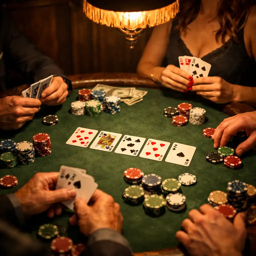 Hráči u pokerového stolu v intimním salonu Dining Corner House