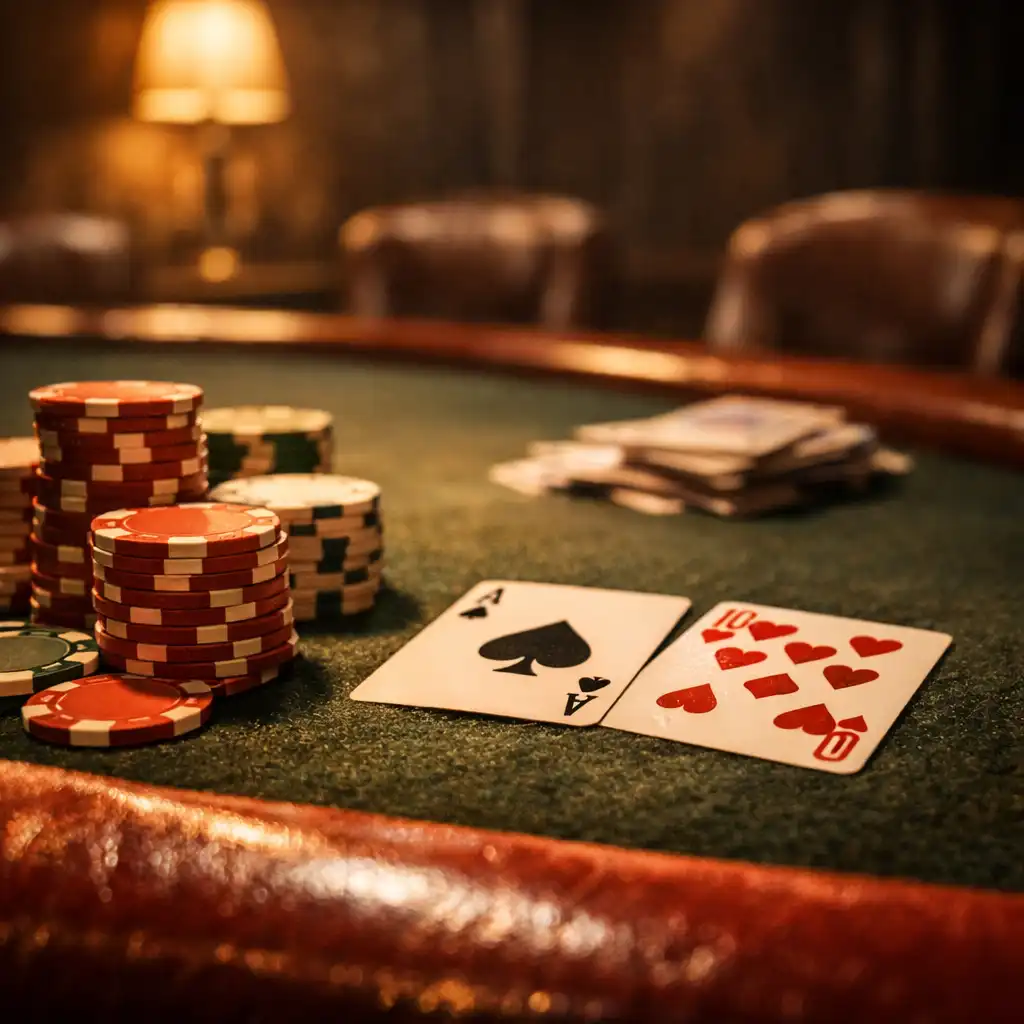 Detail pokerového stolu s žetony, kartami a sametovým okrajem