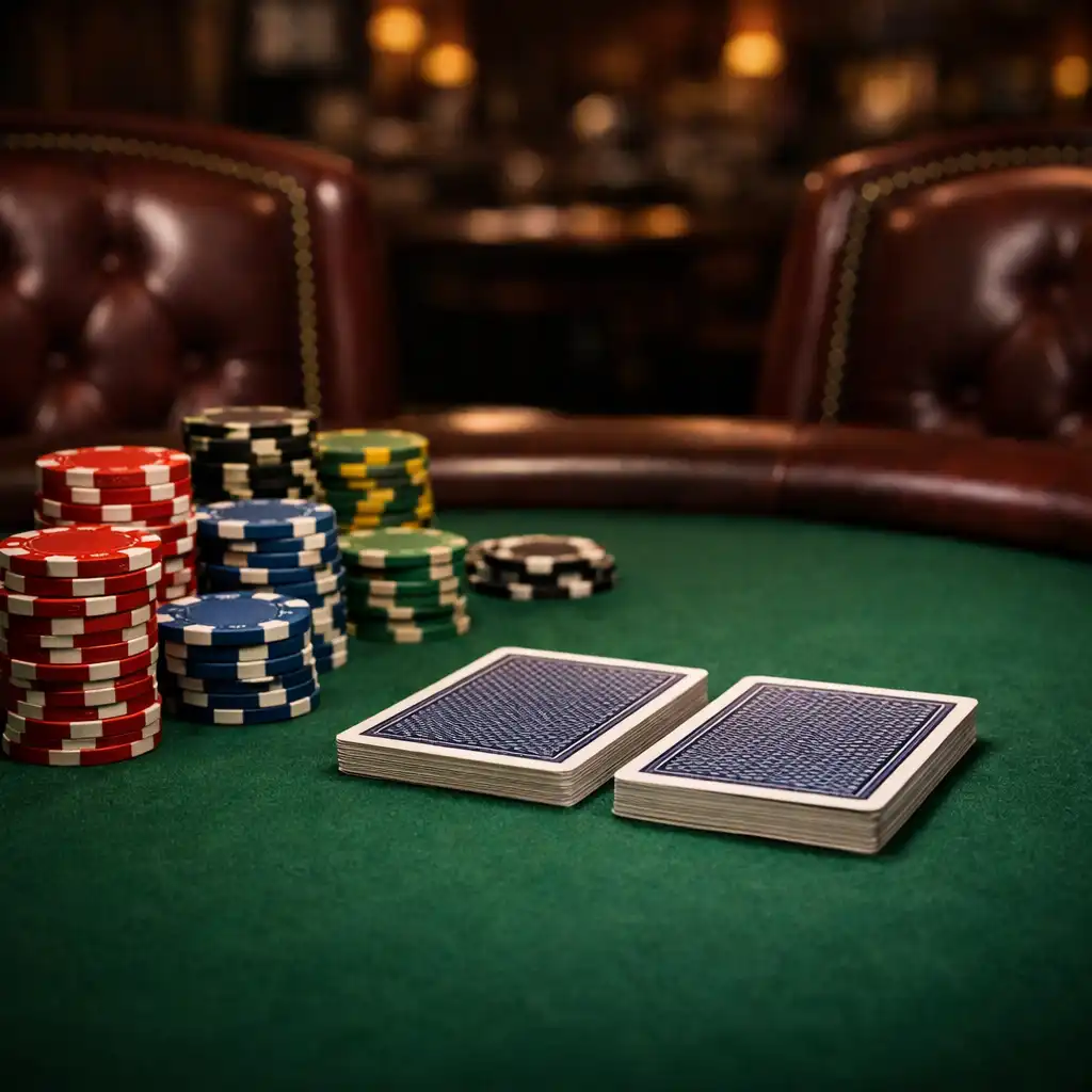Pokerový stůl se zeleným plátnem, fyzickými žetony a kartami v salonu
