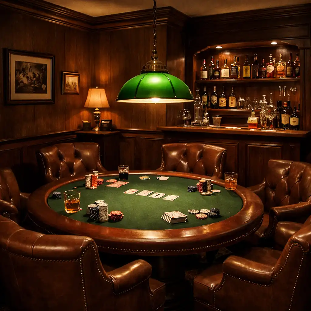 Privátní pokerový salonek s jedním stolem, koženými křesly a malým barem v rohu pod zelenou stolní lampou