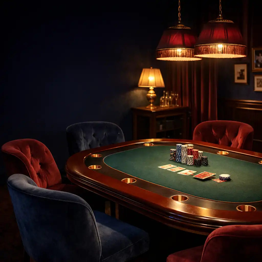 Intimní pokerový salon s tmavě modrými a vínovými tóny, sametovými židlemi a dřevěným stolem