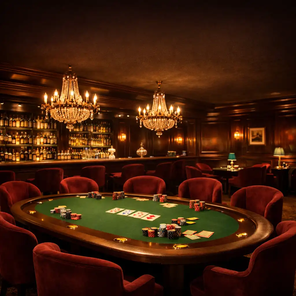 Elegantní pokerový salon s tmavým dřevěným obložením, burgundskými sametovými židlemi a velkým pokerovým stolem pod tlumeným osvětlením