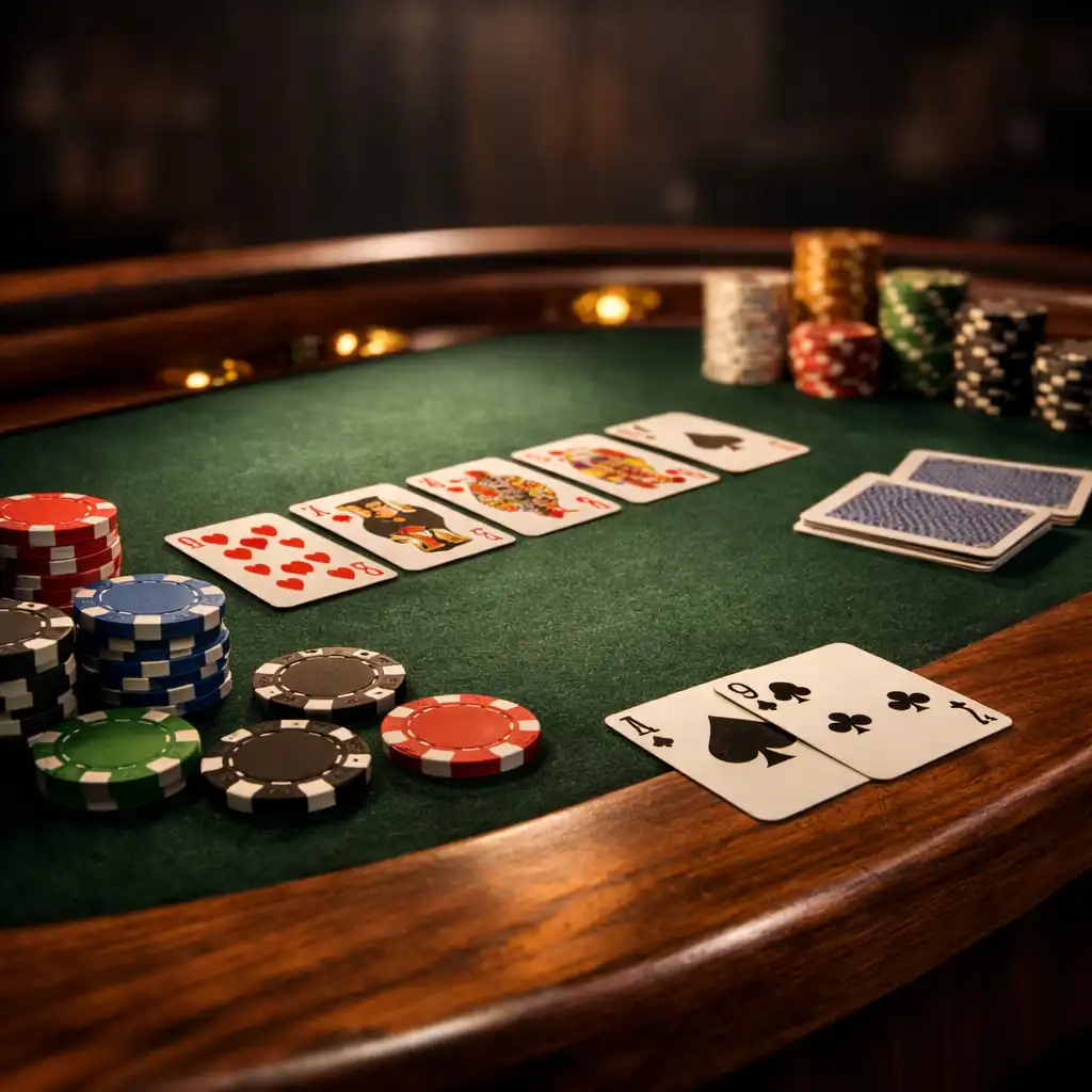 Detail profesionálního pokerového stolu z ořechového dřeva s tmavě zeleným plstěným povrchem a rozloženými kartami a žetony