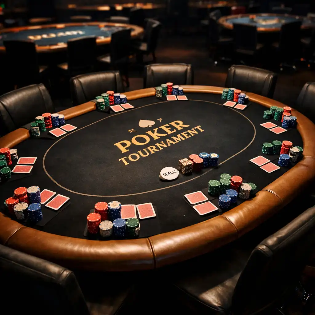 Turnajový pokerový stůl s deseti místy, žetony a kartami, osvětlený shora v tmavém prostředí