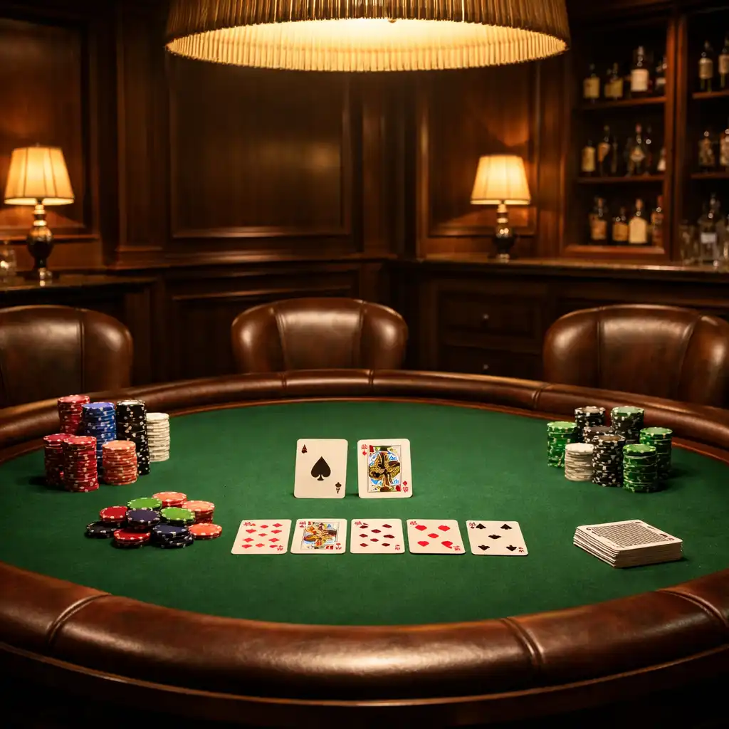 Pokerový stůl se zeleným plstěným povrchem, žetony a kartami v luxusním salonu