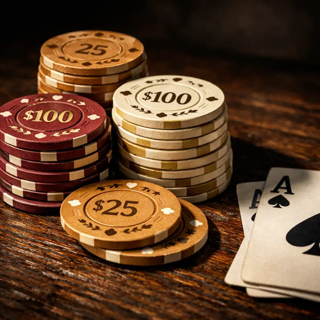 Hromádka keramických pokerových žetonů v burgundy, ivory a oak barvách na tmavém dřevěném stole