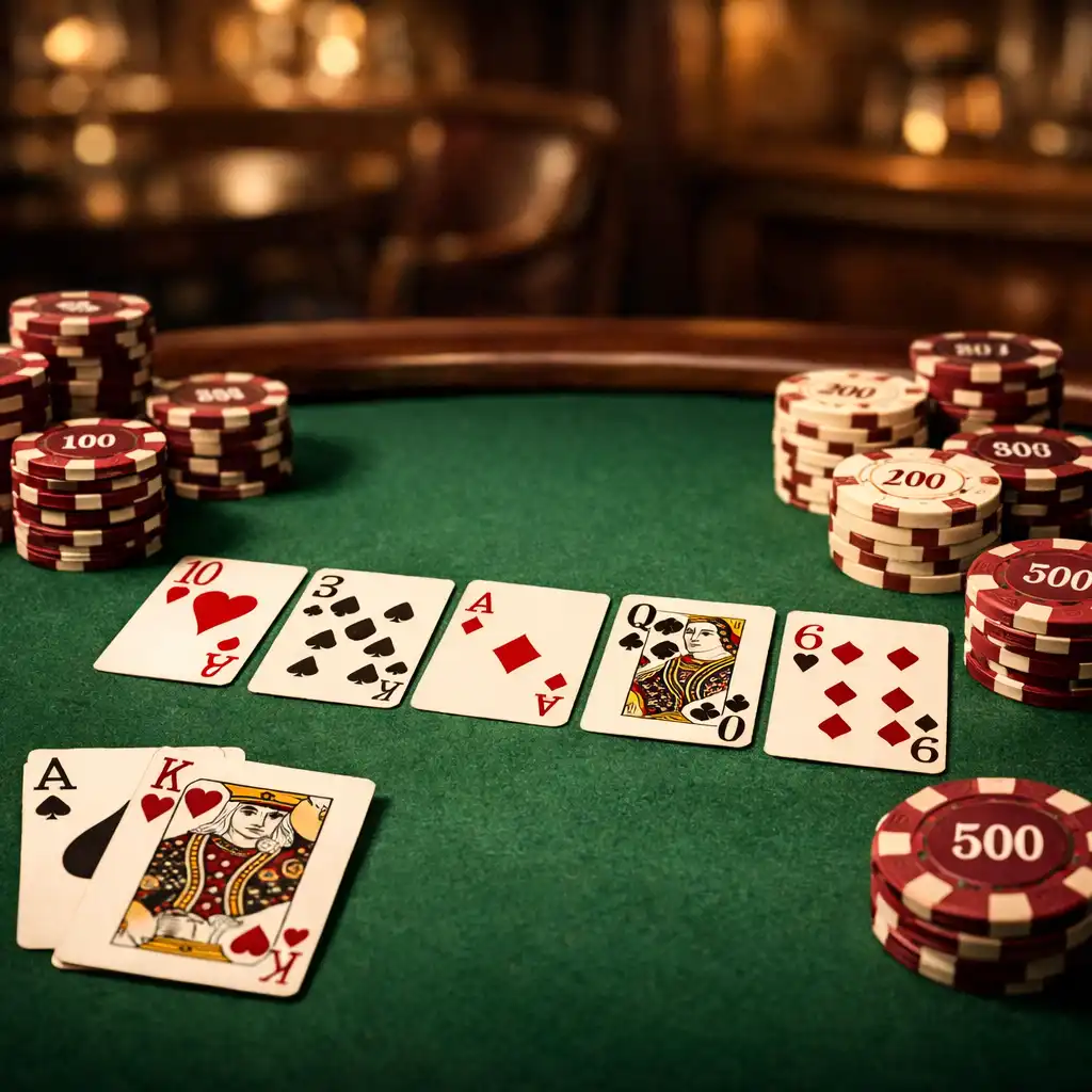 Detailní pohled na pokerový stůl s kartami a keramickými žetony v teplém světle salonu
