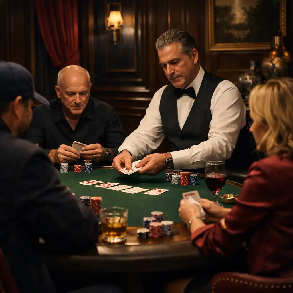 Hráči sedí u pokerového stolu v salonu Dining Corner House, dealer rozdává karty
